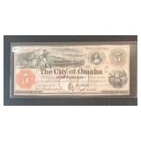 1857 NEBRASKA TERRITORY CITY OF OMAHA $5 NOTE