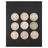 (9) WASHINGTON SILVER QUARTERS:
