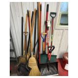 (16)  STICK TOOLS - BROOMS, SHOVELS