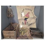 WOODEN CRATE, BURLAP SACKS,BOX, RUG BEATER
