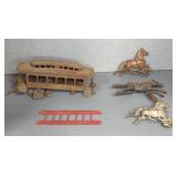 (3) CAST IRON MINIATURE HORSES, TRAIN CAR