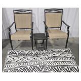 OUTDOOR RUG, CHAIRS & SIDE TABLE