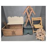 SMALL STOOL, SHELF, BIRDHOUSE, CRATE