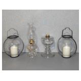 (2) GLASS OIL LAMPS, (2) BATTERY LANTERNS