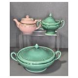 HALL TEAPOT, GREEN PETAL CASSEROLE AND SUGAR