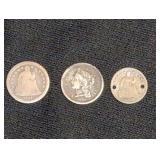 US COINS: 1865 3-CENT PC, 1841 & 1857 HALF DIMES