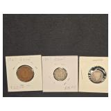 1857 SEATED DIME, 1867 3 CENT PC, 1867 2 CENT PC