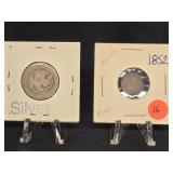 1875 SEATED QUARTER & 1852 3 CENT PIECE