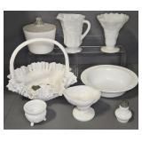 MILKGLASS BASKET, PLANTER SM VASES