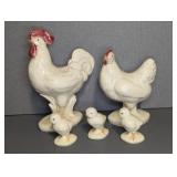 CERAMIC ROOSTER, HEN AND 3 CHICKS