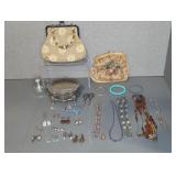 NEEDLEPOINT PURSE, COSTUME JEWELRY, JEWELRY BOX,