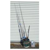 FISHING POLES, BUCKET, BOBBERS