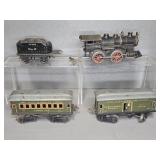 IVES NO. 17 CAST IRON WIND-UP TRAIN ENGINE, CARS