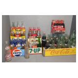 WOODEN COCA COLA CRATE AND BOTTLES