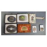 COLLECTABLE BELT BUCKLES, PLAYING CARDS, LIGHTER