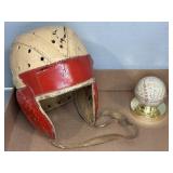 VINTAGE FOOTBAL HELMET AND SIGNED YANKEES BASEBALL