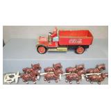 CAST IRON HORSES AND METAL COCA COLA TRUCK