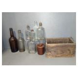 WOODEN BOX W/ ANTIQUE GLASS BOTTLES