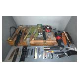 WOODEN CRATE, PATCHES, AND KNIVES