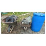 2 WHEELBARROW, TIRES & 55 GAL. PLASTIC BARREL