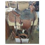 LEATHER SADDLE W/ STAND, LEATHER TACK, SPURRS