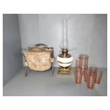 OIL LAMP, PINK DEPRESSION, SEWING BAG