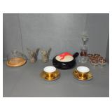 CANDLE HOLDERS, DECANTER SET, CUP/SAUCER, BOWL