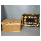 WICKER PICNIC BASKET, HAND PAINTED METAL TRAY