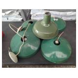 5 GREEN ENAMEL HANGING LIGHTS/ SHADES