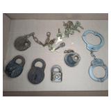 OLDER LOCKS, KEYS, JAY-PEE HAND CUFFS (NO KEY)