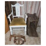 CHAIR, WOOD SHELVING UNIT, (2) PLANT STANDS