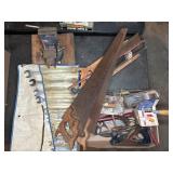 BENCH VISE, MITER BOX, SAWS, TOOLS