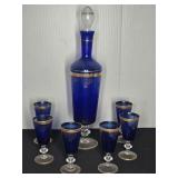 COBALT BLUE WITH GOLD ACCENT GLASS DECANTER SET