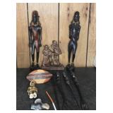 CARVED WOOD FIGURES, UTENSILS