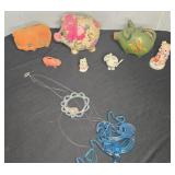 PIGGY BANKS, PIG FIGURINES AND GLASS WIND CHIMES