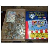 FOREIGN COIN, STAMPS, AND STATE QUARTER MAP