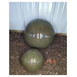 2 GREEN GLAZED TERRA COTTA GARDEN DECORATION BALLS