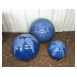 3 BLUE GLAZED TERRA COTTA GARDEN DECORATION BALLS