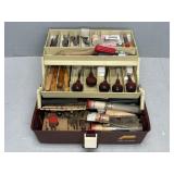 FISHING BOX  OF WOOD CARVING CHISELS AND KNIVES