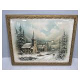 ANTIQUE FRAMED WINTER MOONLIGHT   PRINT PICTURE