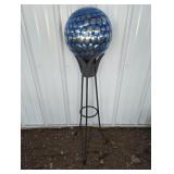 BLUE GLASS GAZING BALL ON STAND