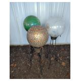 3 GLASS 10" DIA. GAZING BALLS ON METAL STANDS