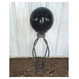 BLUE AND BLACK GLASS GAZING BALL ON METAL STAND