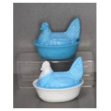 NESTING HENS MILK GLASS WHITE & BLUE