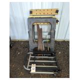 4 WHEEL CART, SAW HORSES, HAND SAWS, WORK BENCH