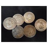 (6) SILVER CANADIAN HALF DOLLARS - 49-61