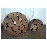 2 METAL CIRCLE CUT OUTS WELDED IN SPHERES ART