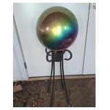 IRIDESCENT METAL GAZING BALL ON METAL STAND