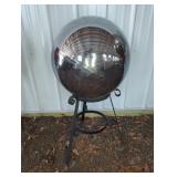 LARGE CHROME METAL GAZING BALL ON STAND