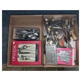 ASST. KITCHEN CUTLERY, UTENSILS, SOME SILVER PLATE